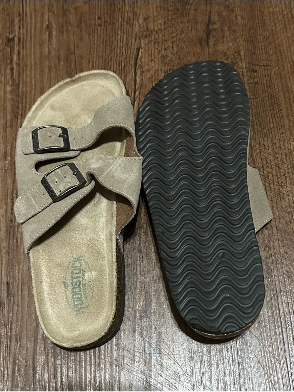Woodstock Beige Suede Dual-Buckle Slide Sandals - Picture 2 of 3